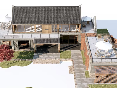 Rural Self Built House With Tiled Roof Courtyard And Terrace Design 3d model