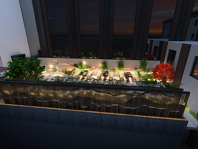 Elegant Modern Restaurant Outdoor Terrace With Greenery And Ambient Lighting Seating Area 3d model