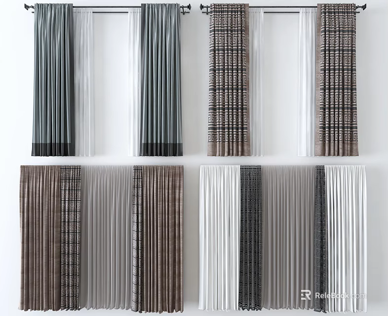 Modern Curtains Display Featuring Striped Plaid And Solid Color Patterns 3d model