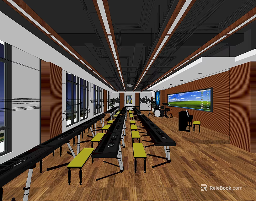 School Music Classroom With Long Tables Yellow Benches Piano Large Screen And Wooden Floors 3d model 