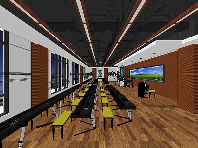 School Music Classroom With Long Tables Yellow Benches Piano Large Screen And Wooden Floors 3d model