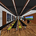 School Music Classroom With Long Tables Yellow Benches Piano Large Screen And Wooden Floors