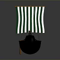 Vintage Wooden Sailing Ship With Green White Striped Sail Brown Black Hull Cargo Boxes