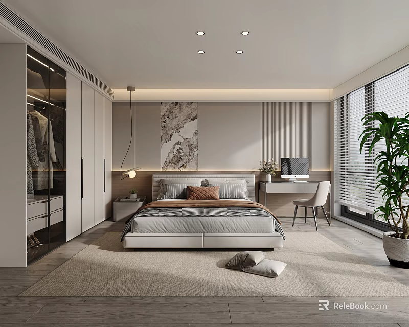 Modern Minimalist Bedroom Interior Design With Platform Bed Built in Wardrobe Desk And Neutral Rug 3d model 