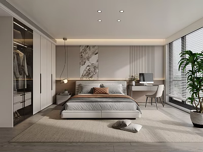 Modern Minimalist Bedroom Interior Design With Platform Bed Built in Wardrobe Desk And Neutral Rug 3d model
