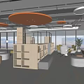 Modern Open Lounge Interior With Orange Circular Ceiling Lights Comfortable Seating And Wooden Bookshelves