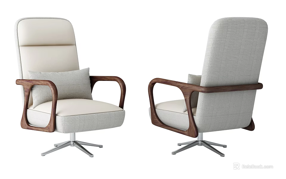 Beige And Light Gray Modern Office Chair With Wooden Armrests Padded Seat Metal Base 3d model 