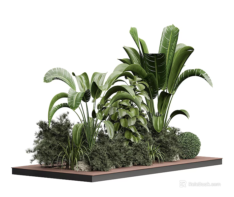 Lush Green Shrubs With Tropical Plants And Large Leaves On Wooden Platform 3d model 