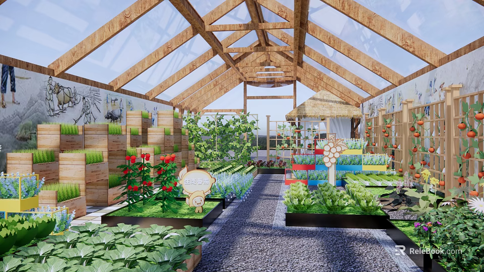 Rural Greenhouse Landscape with Wooden Frame Glass Ceiling and Growing Vegetables Flowers 3d model 