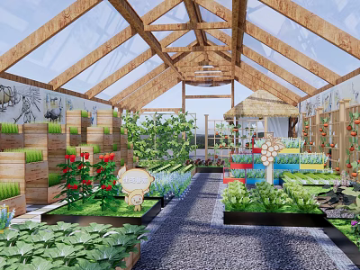 Rural Greenhouse Landscape with Wooden Frame Glass Ceiling and Growing Vegetables Flowers 3d model
