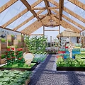 Rural Greenhouse Landscape with Wooden Frame Glass Ceiling and Growing Vegetables Flowers