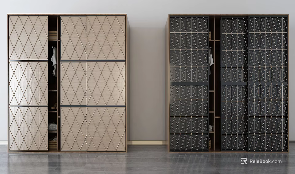 Modern Wooden Wardrobe Interior Design With Diamond Pattern In Beige And Black 3d model 