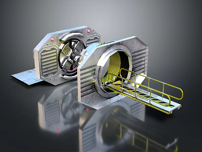 Industrial Style Metal Mechanical Component With Circular Vent Opening And Yellow Safety Railings 3d model