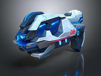 Futuristic Sci Fi Weapon Featuring Blue Glowing Components Metallic Structure And Red DB Logo 3d model
