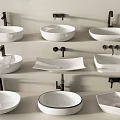 Various Modern White Washbasin Designs With Different Shapes And Black Faucets