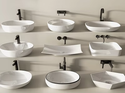 Various Modern White Washbasin Designs With Different Shapes And Black Faucets 3d model