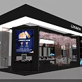 Shopping Mall Hall With COSMOM Booth Cherry Blossom Decorations Tables Chairs And Product Displays