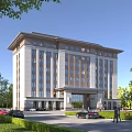 Modern Office Building Exterior With Landscaped Lawns Trees And Parked Cars