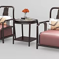 Leisure Sofa Set with Two Chairs Pink Cushions Black Frames Round Side Table Flower Vase 3d model