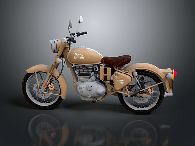 Vintage Royal Enfield Motorcycle With Tan Body Brown Leather Seat And Chrome Accents 3d model