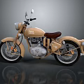 Vintage Royal Enfield Motorcycle With Tan Body Brown Leather Seat And Chrome Accents