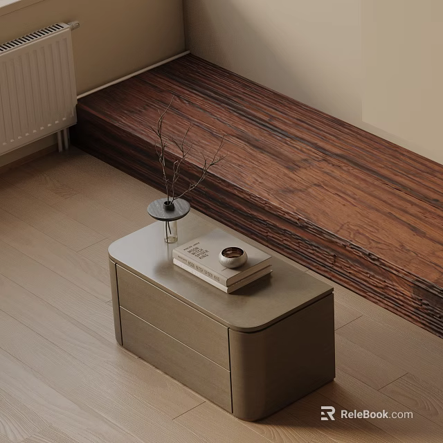Modern Bedside Table With Dried Branches Vase Stack Of Books And Small Decorative Bowl 3d model 