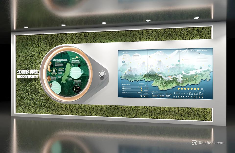 Ecological Protection Display Wall Interior Design With Regional Map Data Charts And Green Elements 3d model 