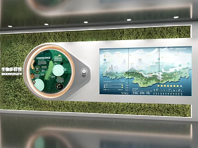 Ecological Protection Display Wall Interior Design With Regional Map Data Charts And Green Elements 3d model