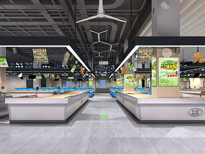 Spacious Supermarket Department Store Interior With Shelves Ceiling Fans And Lighting 3d model