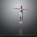 Man Standing In White Basketball Jersey With Blue Yellow Logo Arms Outstretched Gray Background