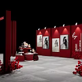 Elegant Wedding Stage With Red Backdrop Bridal Photos And Floral Decorations