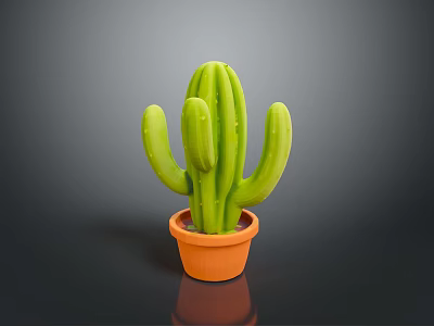 Lush Green Cactus in Orange Ceramic Pot on Dark Reflective Surface 3d model