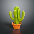 Lush Green Cactus in Orange Ceramic Pot on Dark Reflective Surface 3d model