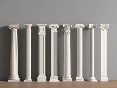 White Classical Columns in Various Styles Against Gray Wall and Wooden Floor 3d model