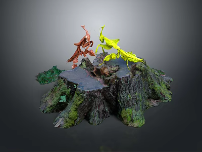 Colorful Action Figures Red And Yellow On Tree Stump Base With Green Plant Decorations 3d model
