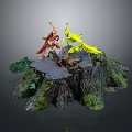 Colorful Action Figures Red And Yellow On Tree Stump Base With Green Plant Decorations