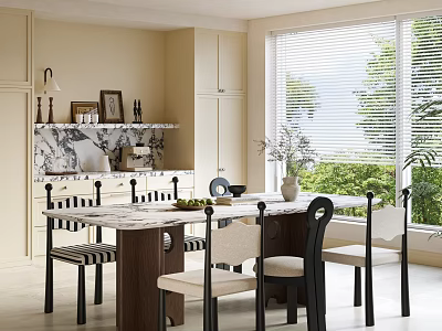 Bright Elegant Dining Room With Marble Table And Chairs Near Window Blinds And Green Plants 3d model