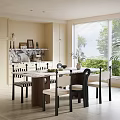 Bright Elegant Dining Room With Marble Table And Chairs Near Window Blinds And Green Plants