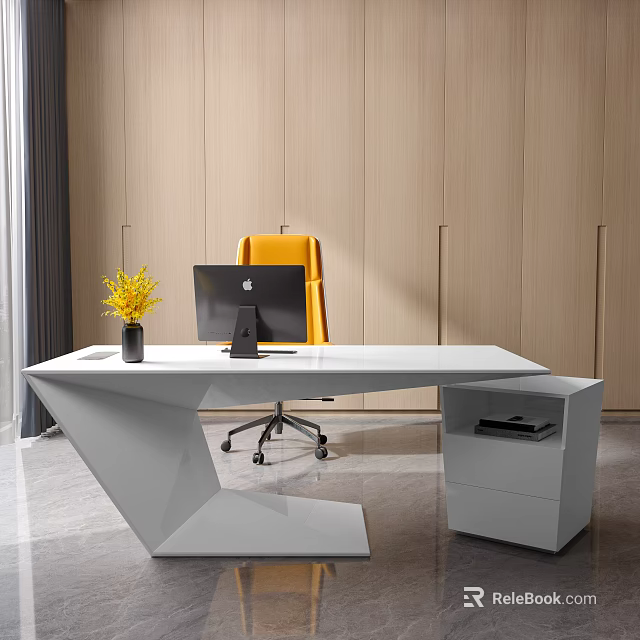 Modern White Geometric Office Desk With Black Mac Computer Yellow Flower Vase And Yellow Chair 3d model 