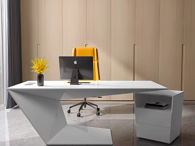 Modern White Geometric Office Desk With Black Mac Computer Yellow Flower Vase And Yellow Chair 3d model