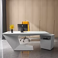 Modern White Geometric Office Desk With Black Mac Computer Yellow Flower Vase And Yellow Chair