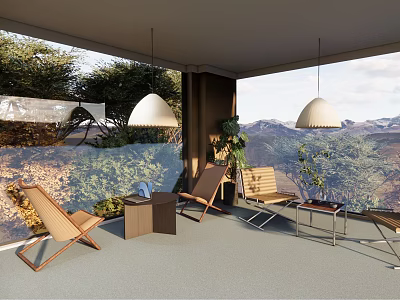 Hotel Public Lounge Area With Scenic Mountain View And Wooden Lounge Chairs 3d model