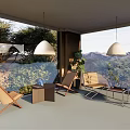 Hotel Public Lounge Area With Scenic Mountain View And Wooden Lounge Chairs