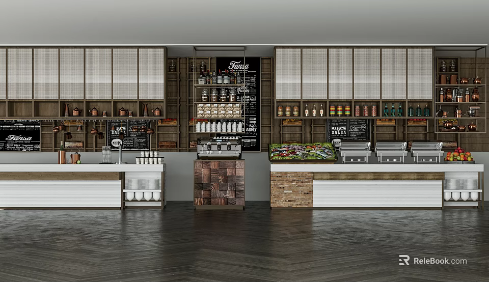 Stylish Coffee Shop Interior Featuring Organized Wooden Display Shelves With Drinks And Snacks 3d model 