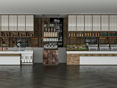 Stylish Coffee Shop Interior Featuring Organized Wooden Display Shelves With Drinks And Snacks 3d model