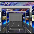 Exhibition Hall Interior With Blue Background Light Strips And Display Boards At Entrance
