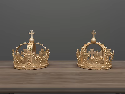Elegant Golden Crown Jewelry With Cross Decorations On Wooden Tabletop 3d model