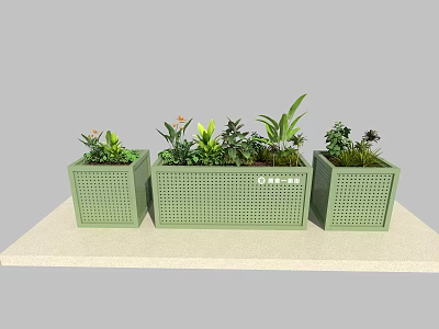 Green Perforated Planters With Various Plants For Indoor Decorative Arrangement 3d model