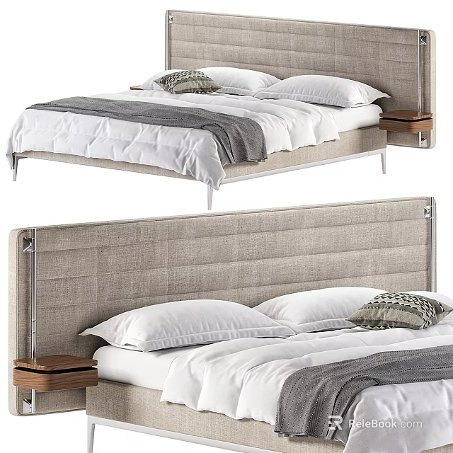 Modern Double Bed Interior Design With Upholstered Headboard White Pillows And Wooden Nightstand 3d model 