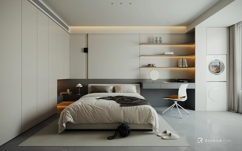 Modern Minimalist Bedroom Interior With Cozy Bed Gray Tones Open Wardrobe And Desk 3d model 